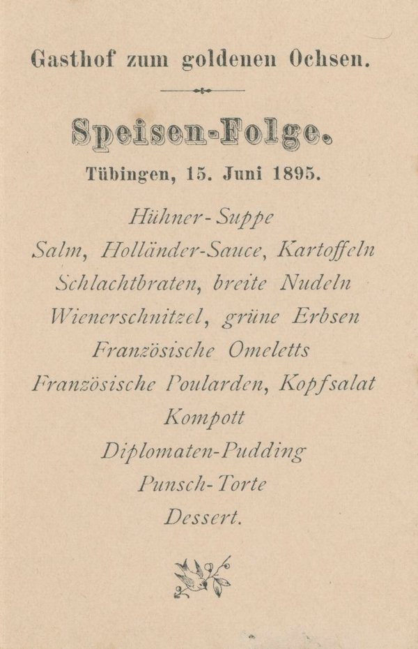 Menuekarte aus dem Gasthof zum Goldenen Ochsen von 1895.