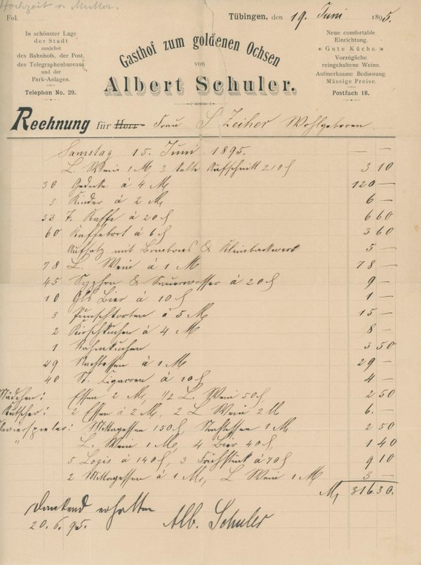 Rechnung aus dem Gasthof zum Goldenen Ochsen in Tübingen von 1895.