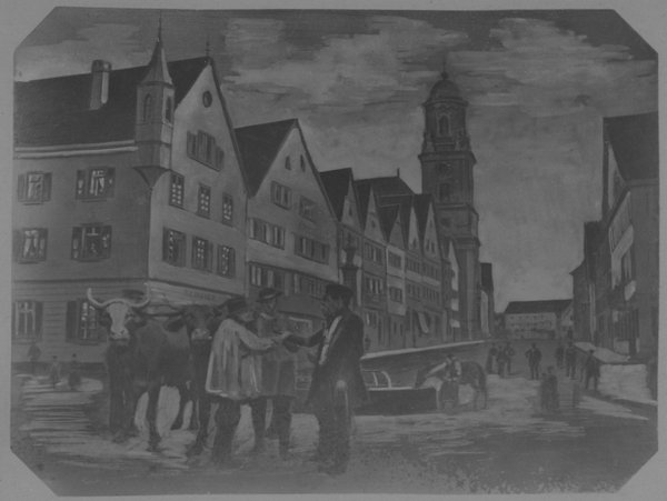 Viehhändler auf dem Marktplatz von Hechingen um 1868.