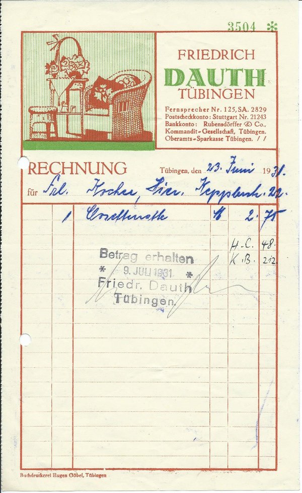 Firma Dauth Spielwaren Tübingen 1931