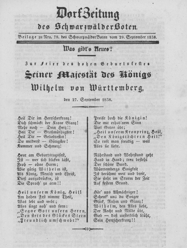 Dorfzeitung des Schwarzwälder Boten 1838