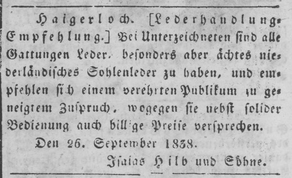 Lederhandlung Jsaias Hilb & Söhne Haigerloch 1838