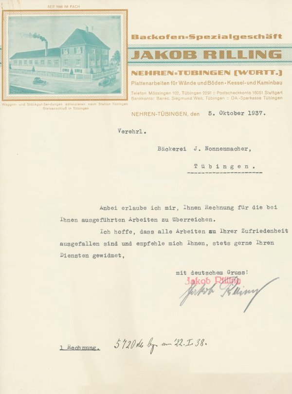 Rechnung Firma Jakob Rilling Nehren 1937