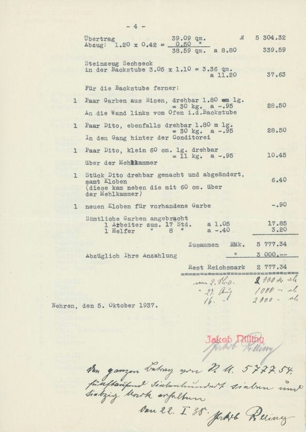 Rechnung von 1937 Jakob Rilling Nehren